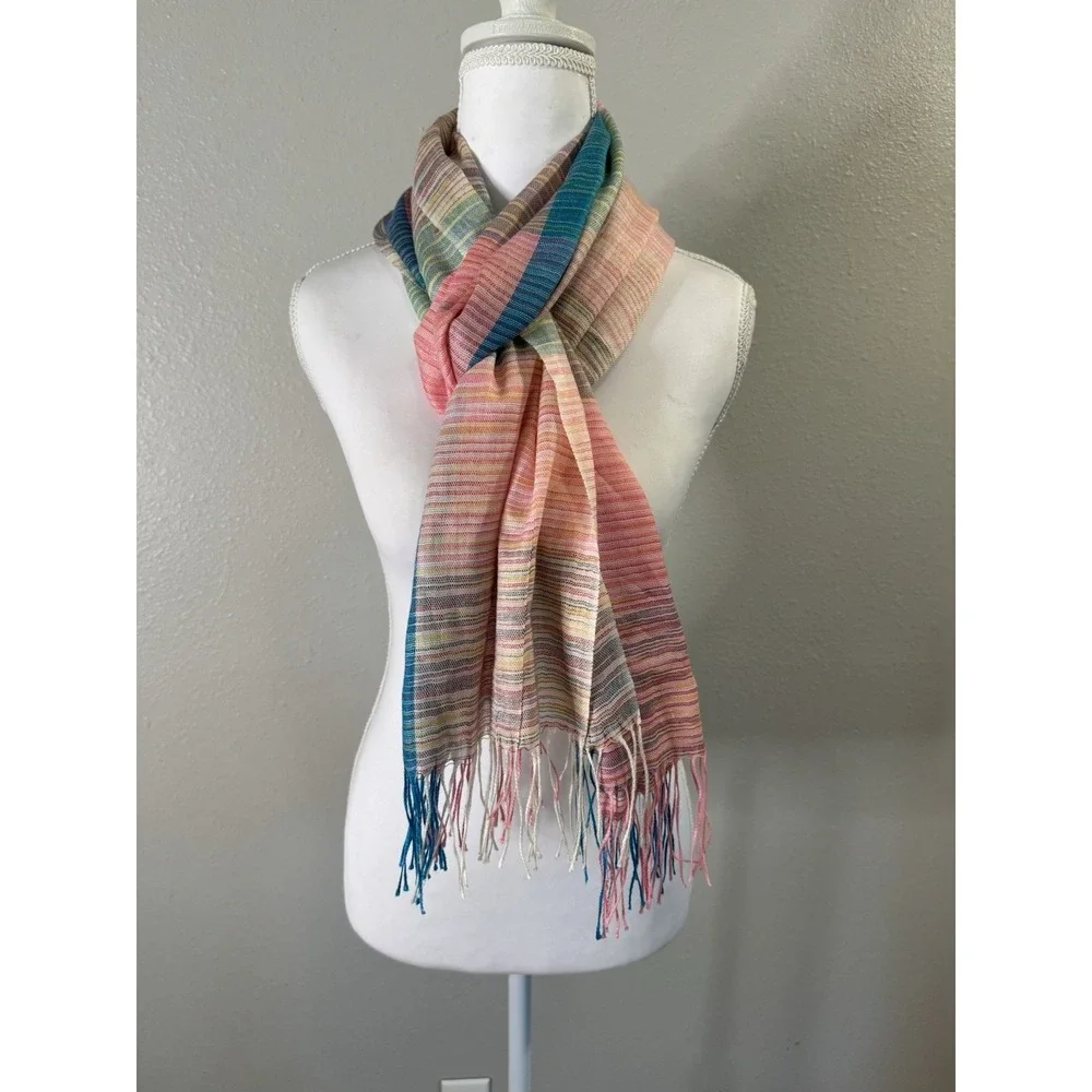 Pashmina Silk 70/30 Striped Scarf Wrap Boho‎ Whimsigoth Lagenlook Colorful 70x24